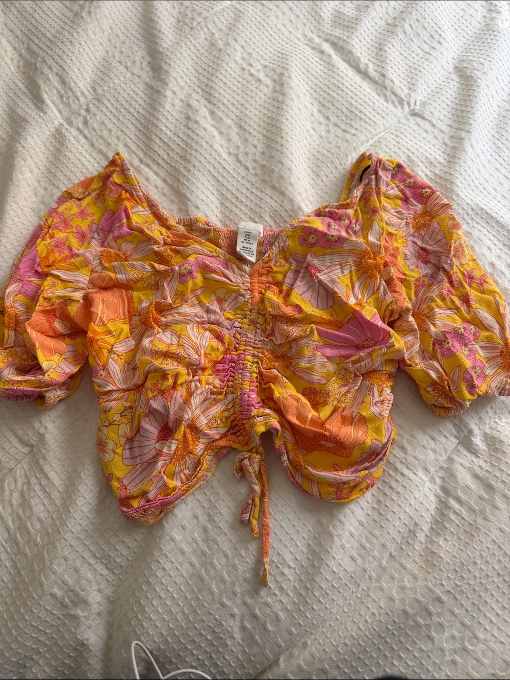 H&M Yellow Floral Ruched Crop Top with Pink Accents